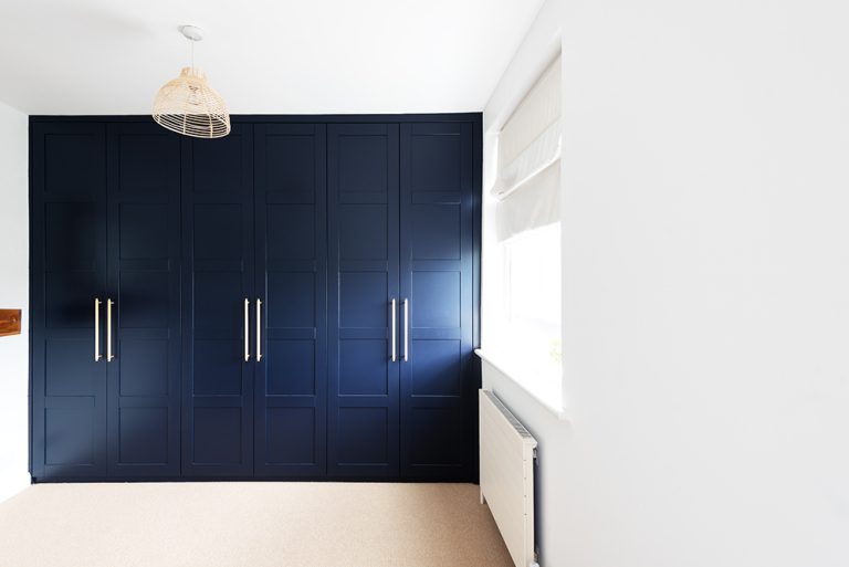 6 door blue bespoke wardrobe, made with MDF and hand-painted
