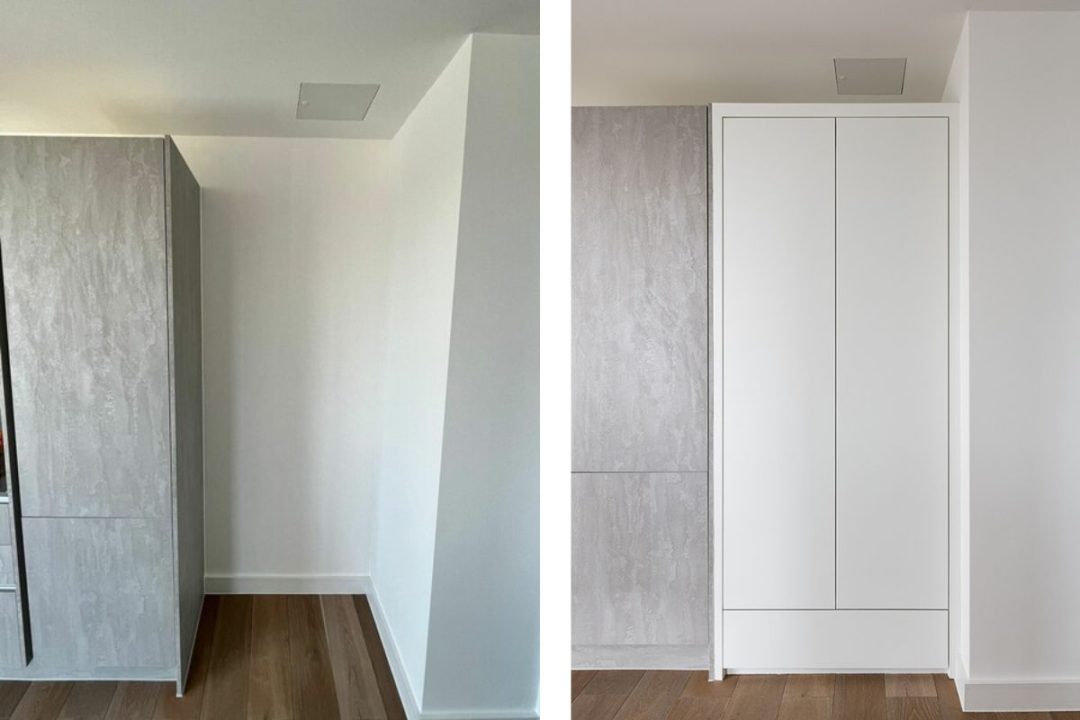 Before and after pictures of a built in kitchen cupboard in Shadwell.