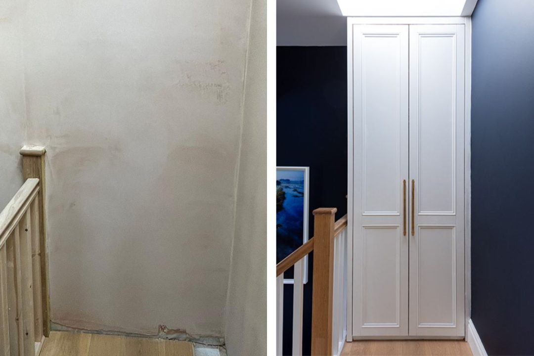 Before and after pictures of bespoke hallway wardrobe. Designed and installed by Bespoke Carpentry London.