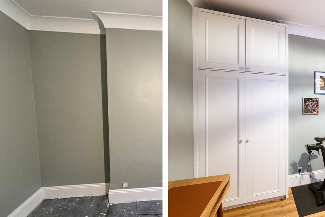 Before and after pictures of a an alcove wardrobe installation in canonbury