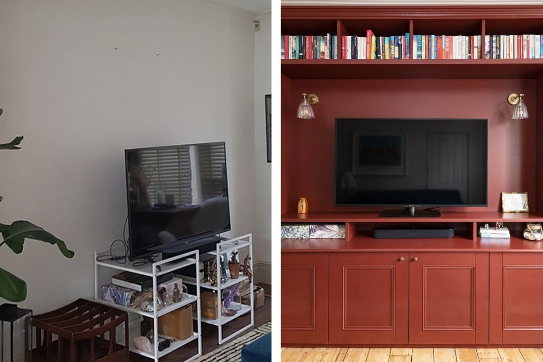 Before and after pictures of a built in tv unit
