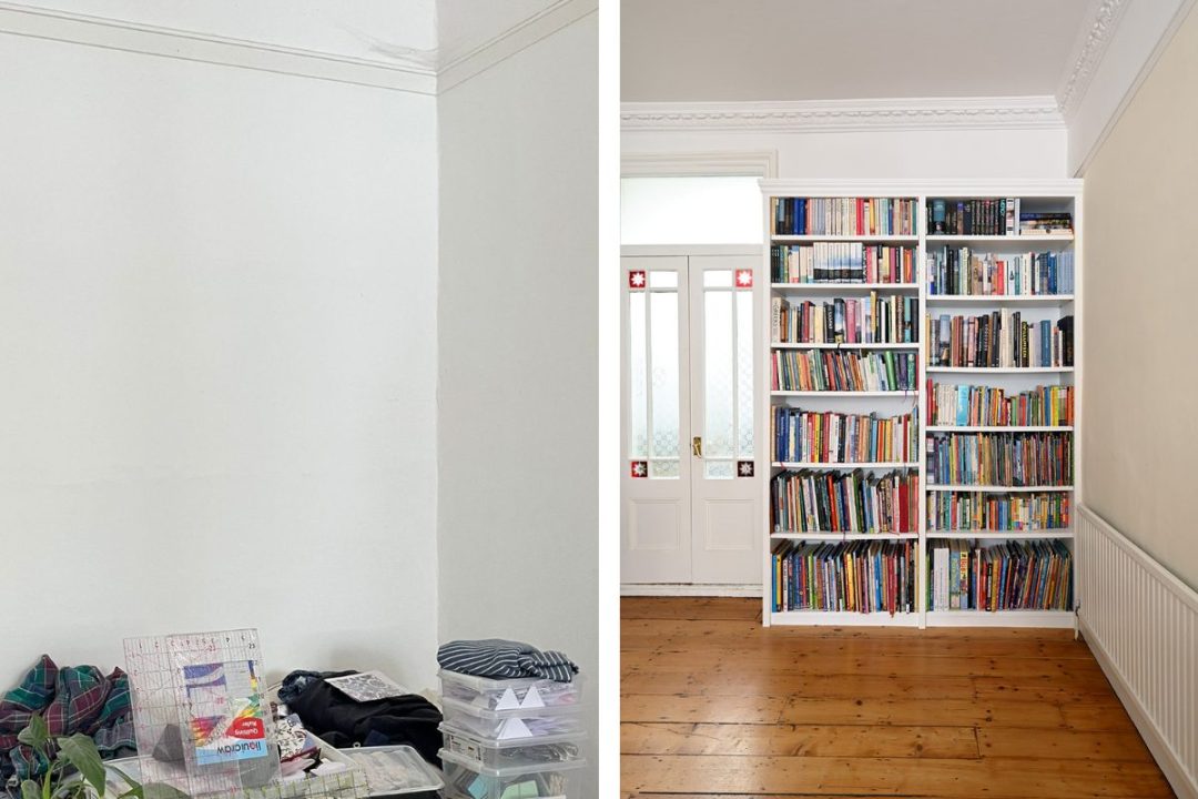 Before and after pictures of a shelving unit installed in a room in Battersea.