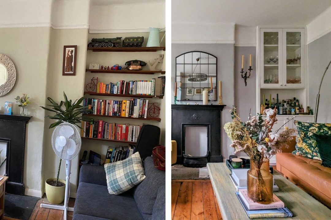 Before and after pictures of a built in drinks cabinet in a living room in Upton park.