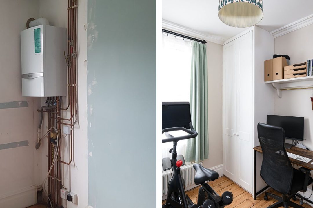 Before and after pictures of floor to ceiling boiler cupboard.