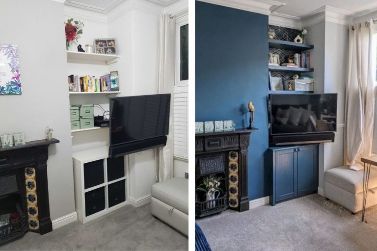 Blue alcove cupboards and shelving – Earlsfield
