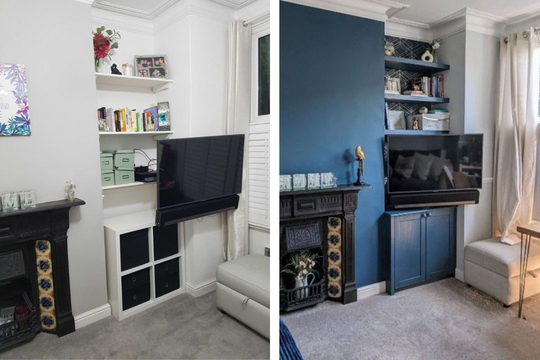 Before and after picture of alcove cupboard installation in Earlsfield.