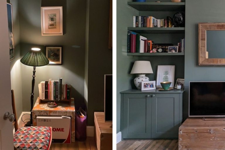 Green alcove cabinets and shelving – Brixton