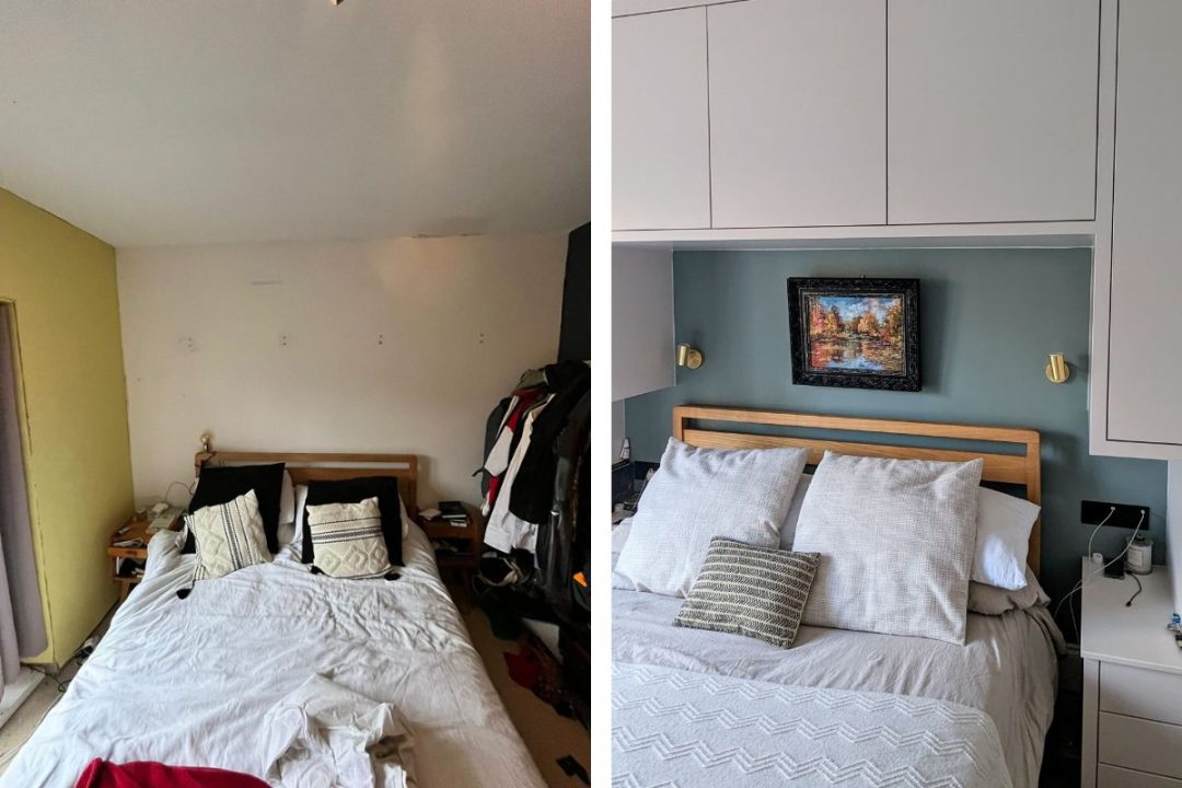 Before and after picture of a built in over the bed wardrobe in a bedroom in Peckham.