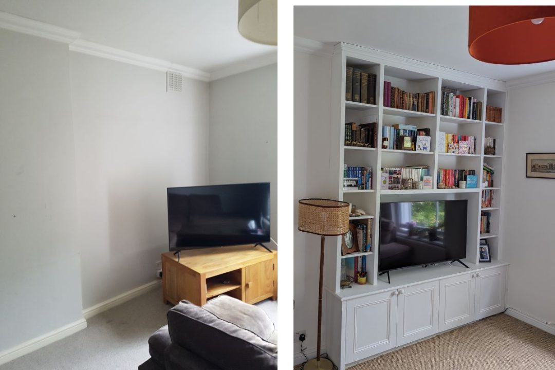Before and after picture of a media unit installed in a living room in Stockwell