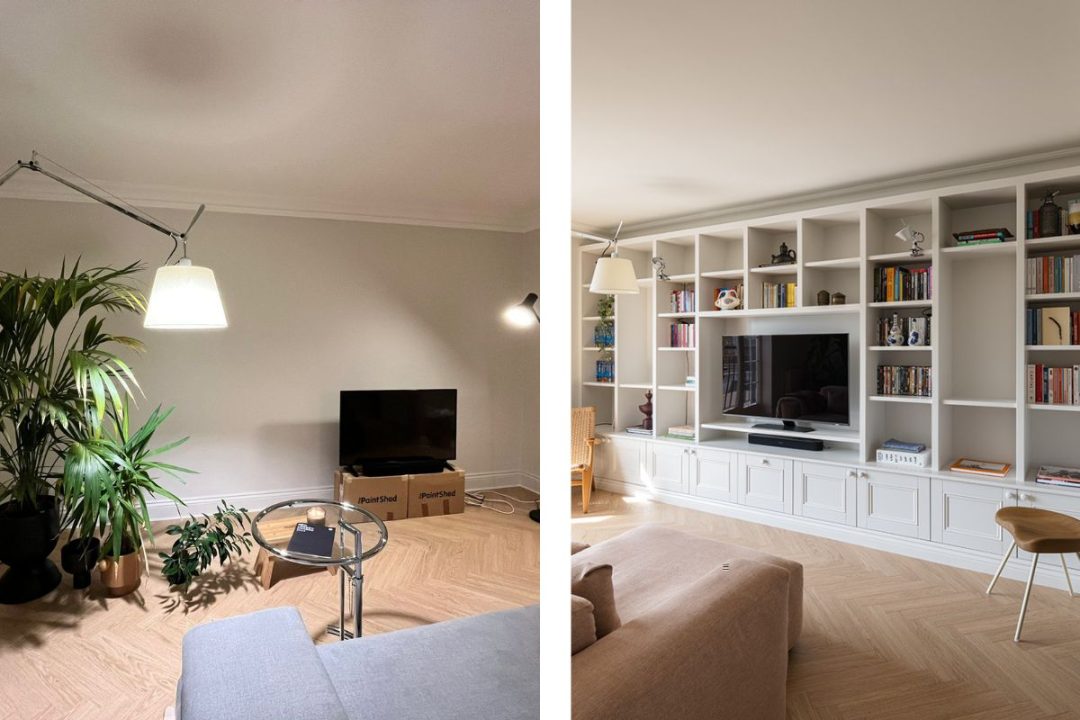 Before and after pictures of a built in TV unit in a living room in Clapham