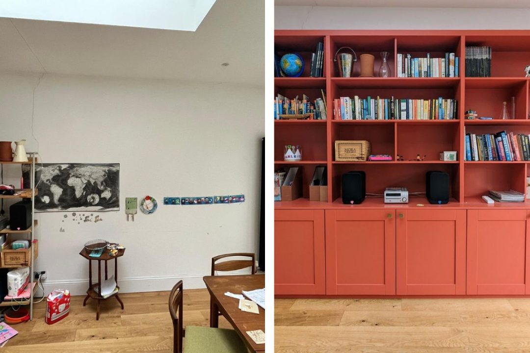 Before and after picture of a built in bookcase in Tulse Hill.