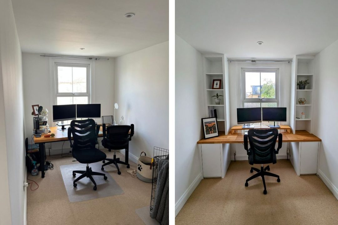 Before and after pictures of a custom made home office in Camden.