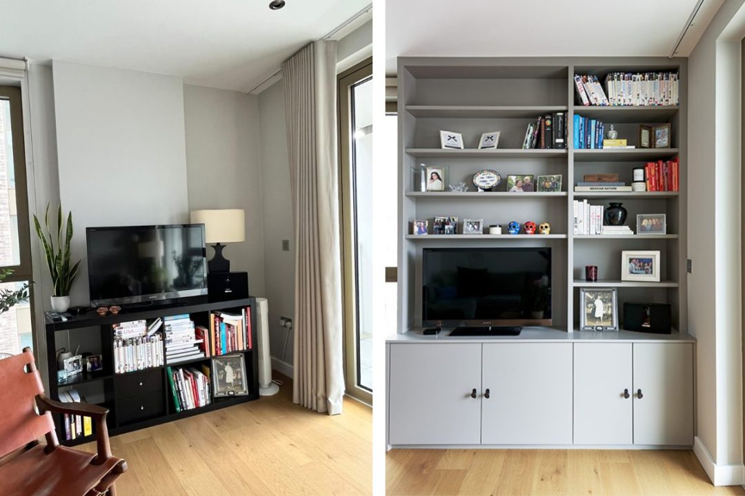 Before and after picture of fitted cupboard and TV unit in a living room in Brixton