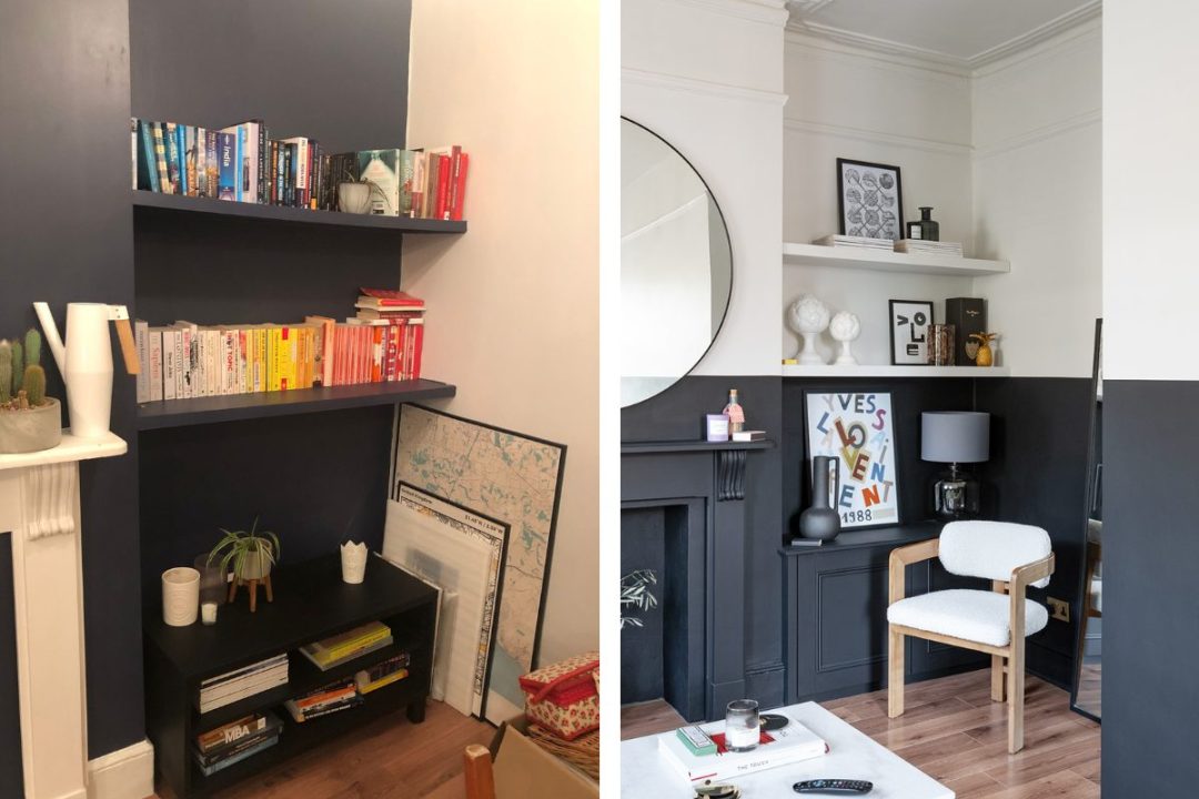 Before and after pictures of a fitted alcove shelving