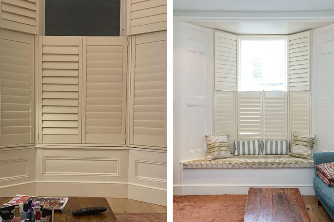 Before and after picture of a fitted bay window seat