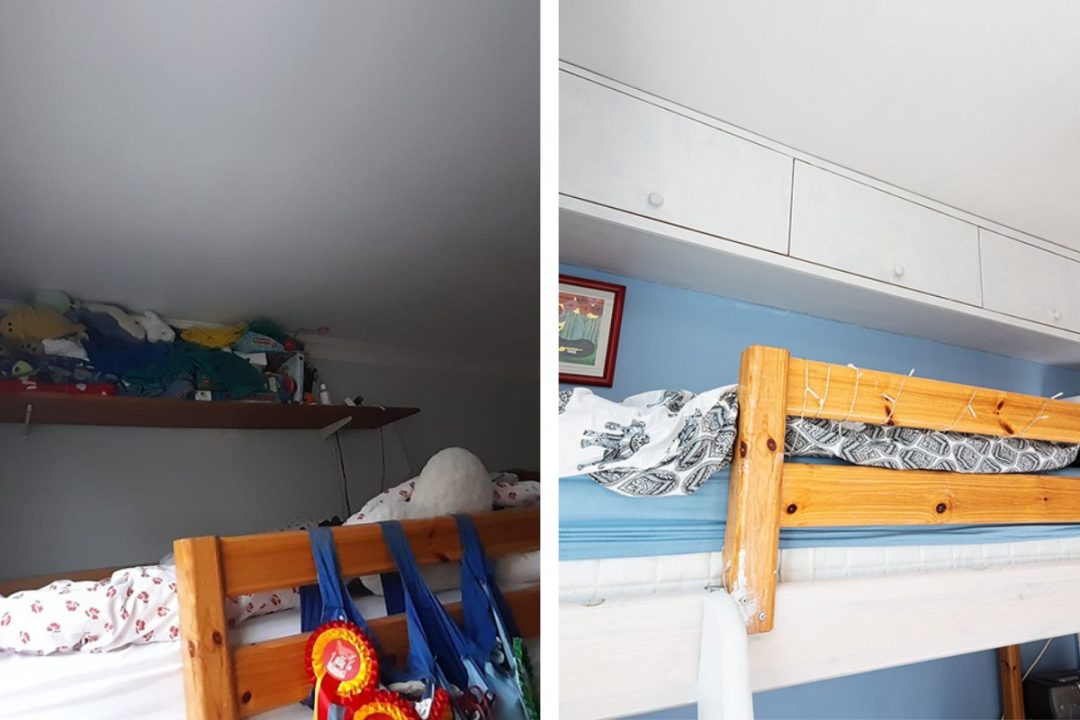 Before and after picture of a built in over bed bed storage cupboard