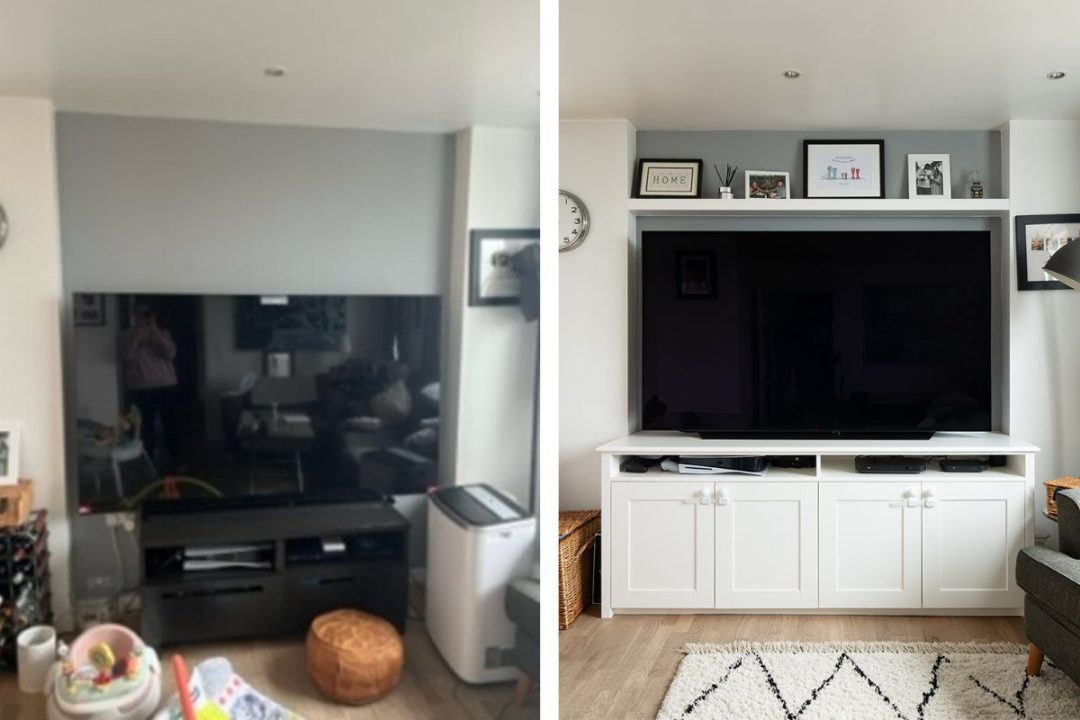 Before and after picture of a built-in alcove TV unit