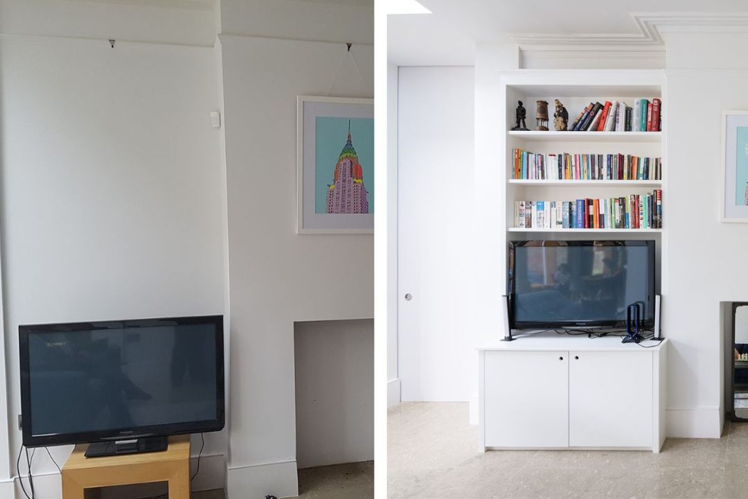 Before and after pictures of a fitted bookshelf