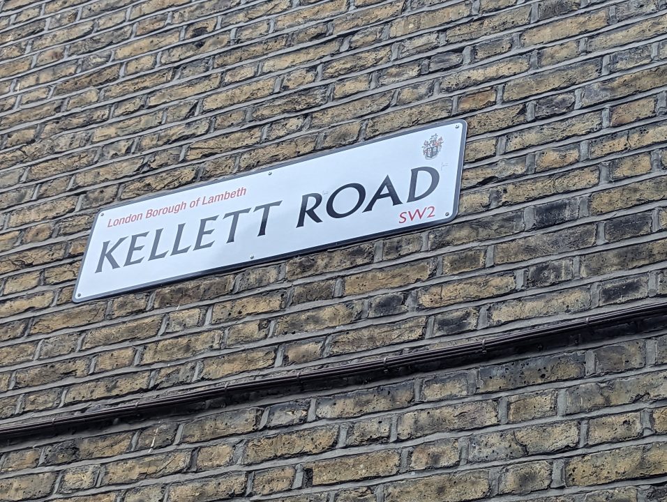 Street name on brick wall in SW2 called Kellett Road