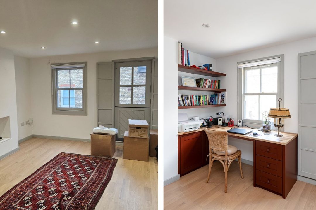Before and after of a new brown home office unit in Paddington