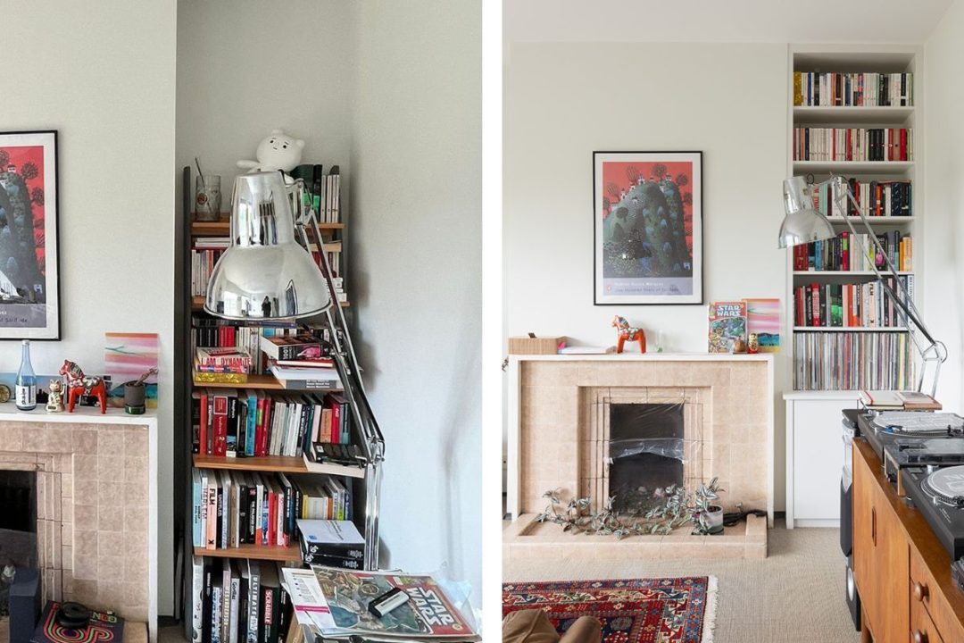 Before and after of a alcove shelving unit in living room to store records in Camden