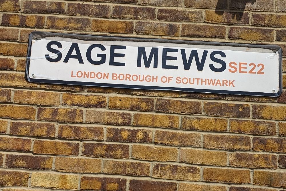 Street name called Sage Mews in East Dulwich