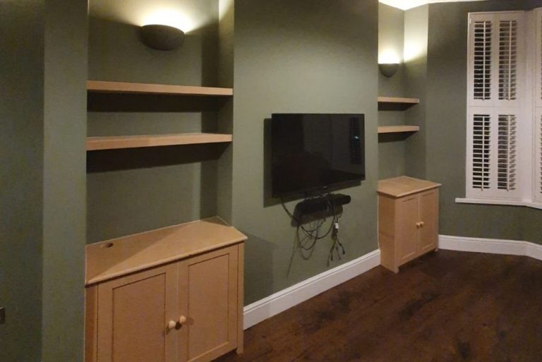 Two MDF alcove cupboards with floating shelves